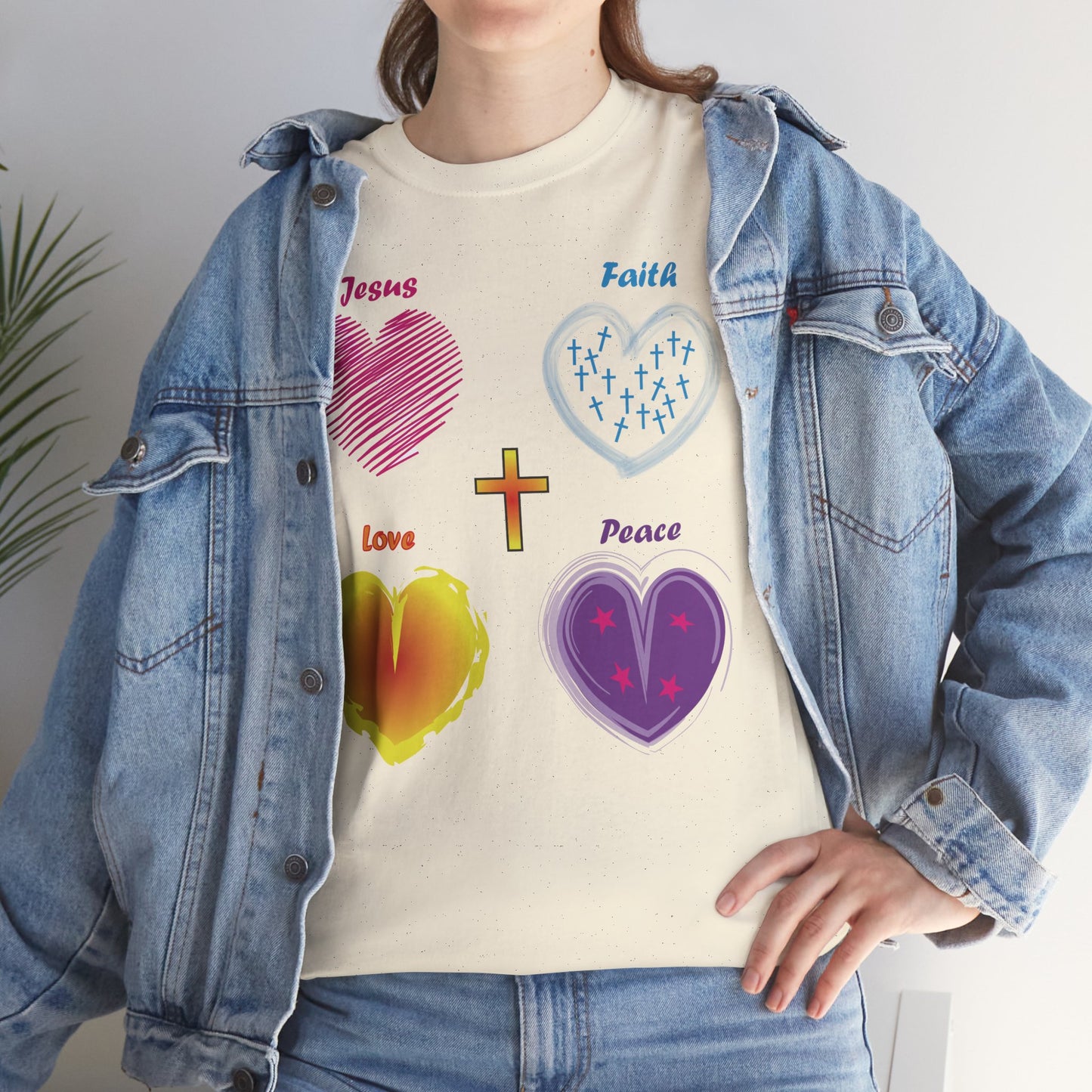 Jesus, Faith, Love, Peace and Hearts T-shirt design.
