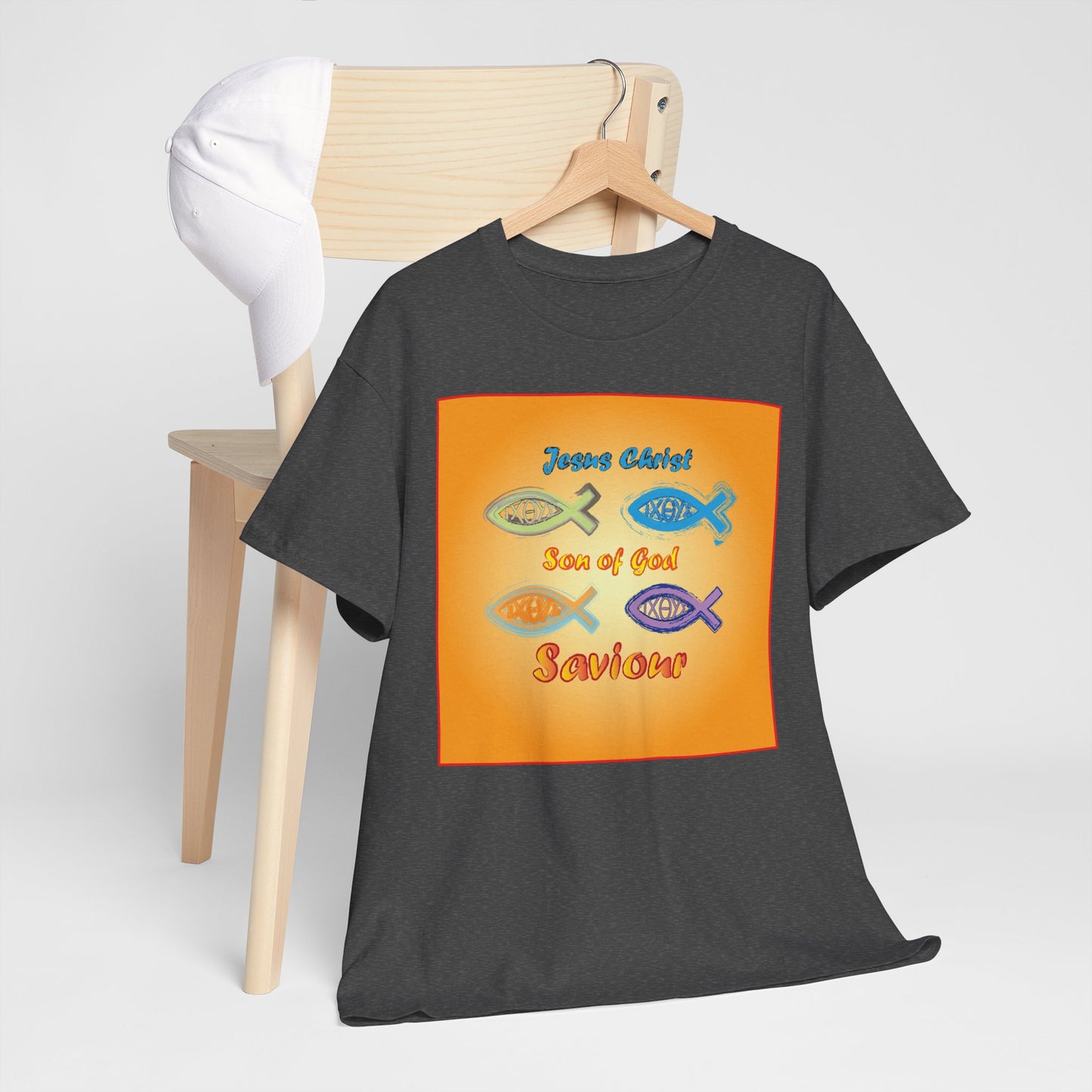 Jesus Christ son of God and fish symbol T-shirt design.