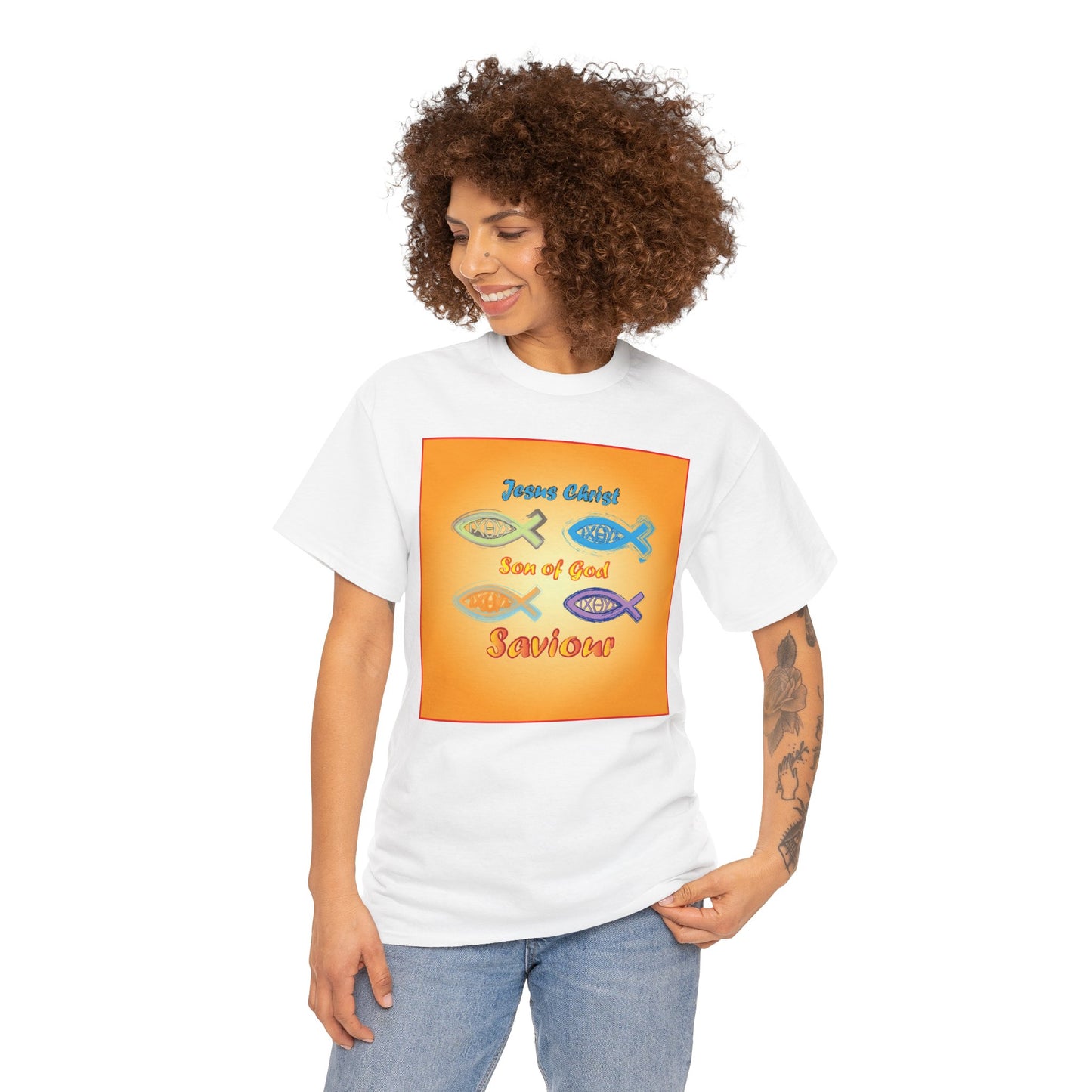 Jesus Christ son of God and fish symbol T-shirt design.