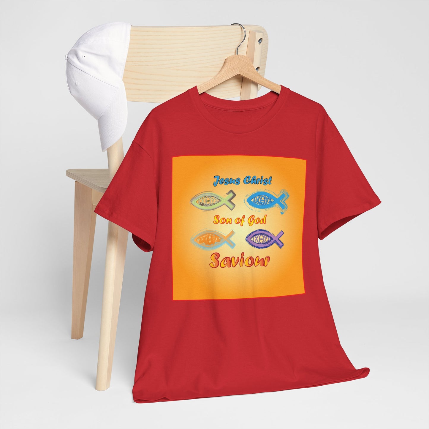 Jesus Christ son of God and fish symbol T-shirt design.