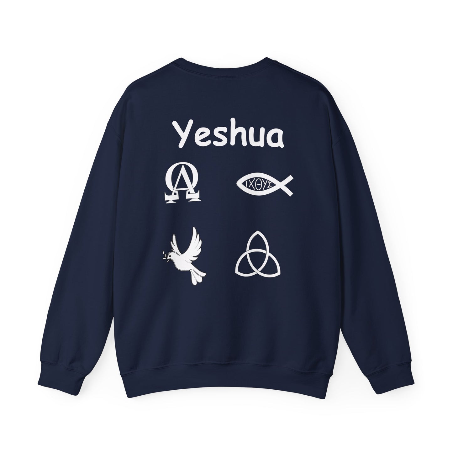 Greek name of Jesus with Christian symbols sweatshirt design.