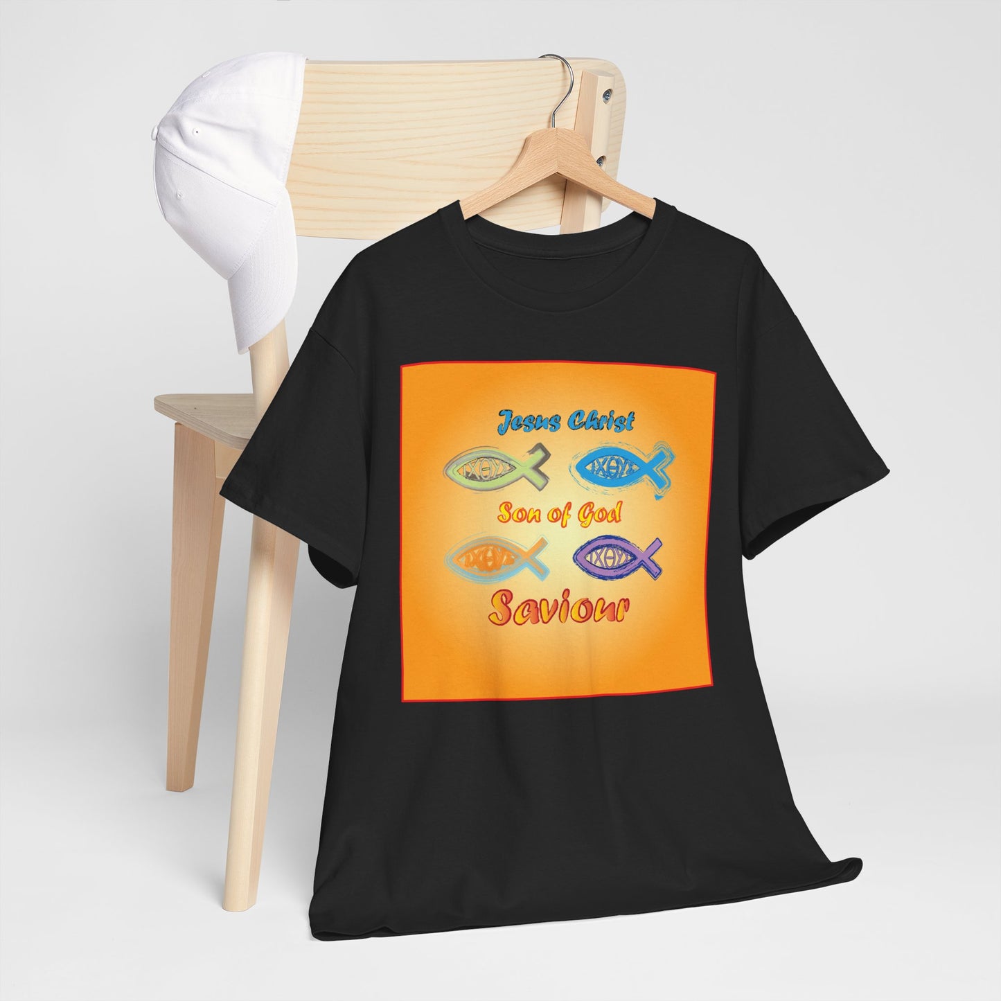 Jesus Christ son of God and fish symbol T-shirt design.