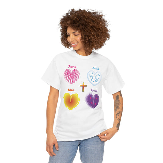Jesus, Faith, Love, Peace and Hearts T-shirt design.