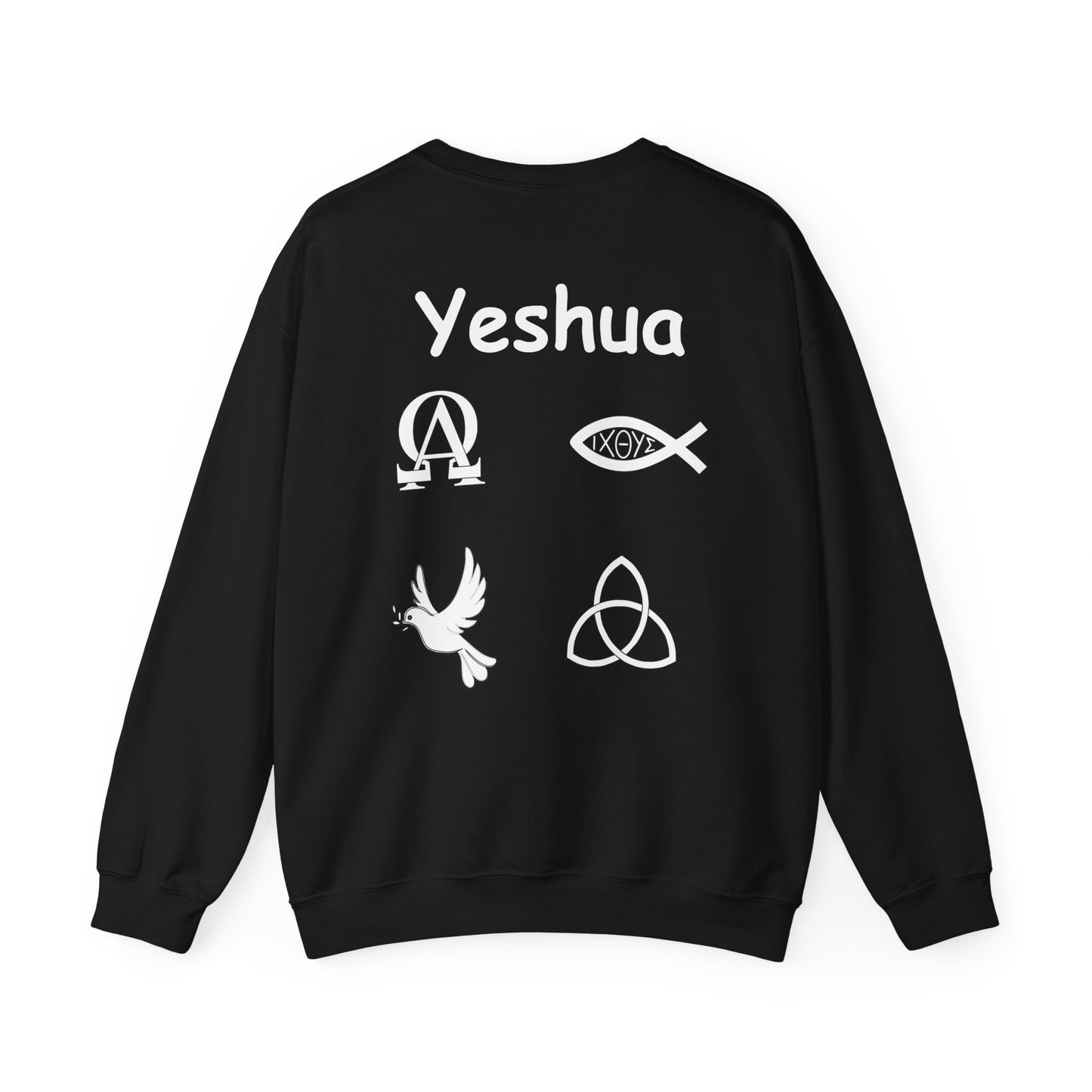 Greek name of Jesus with Christian symbols sweatshirt design.