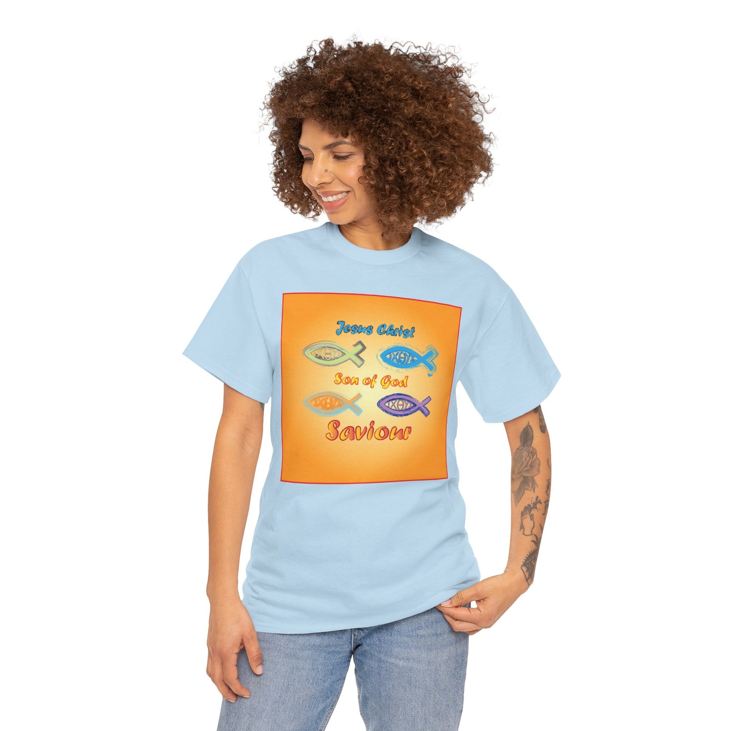 Jesus Christ son of God and fish symbol T-shirt design.