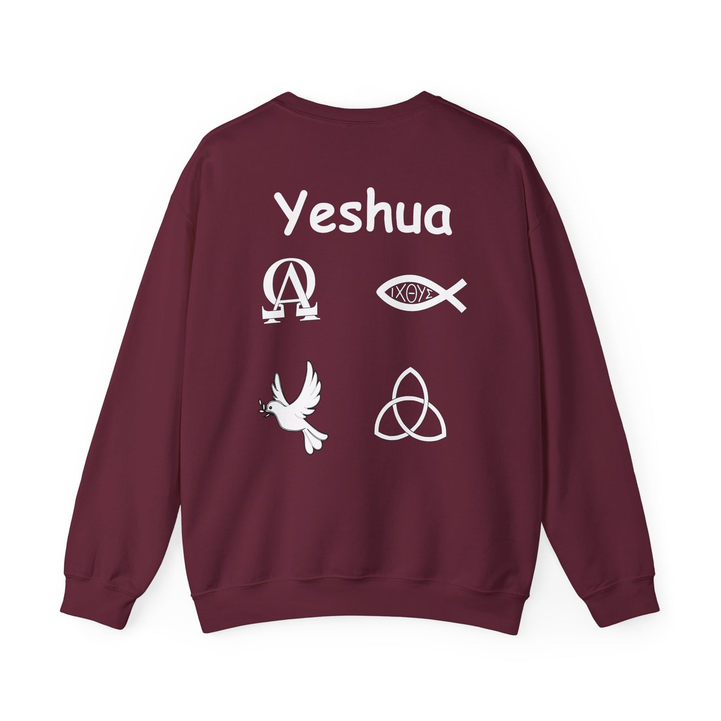 Greek name of Jesus with Christian symbols sweatshirt design.