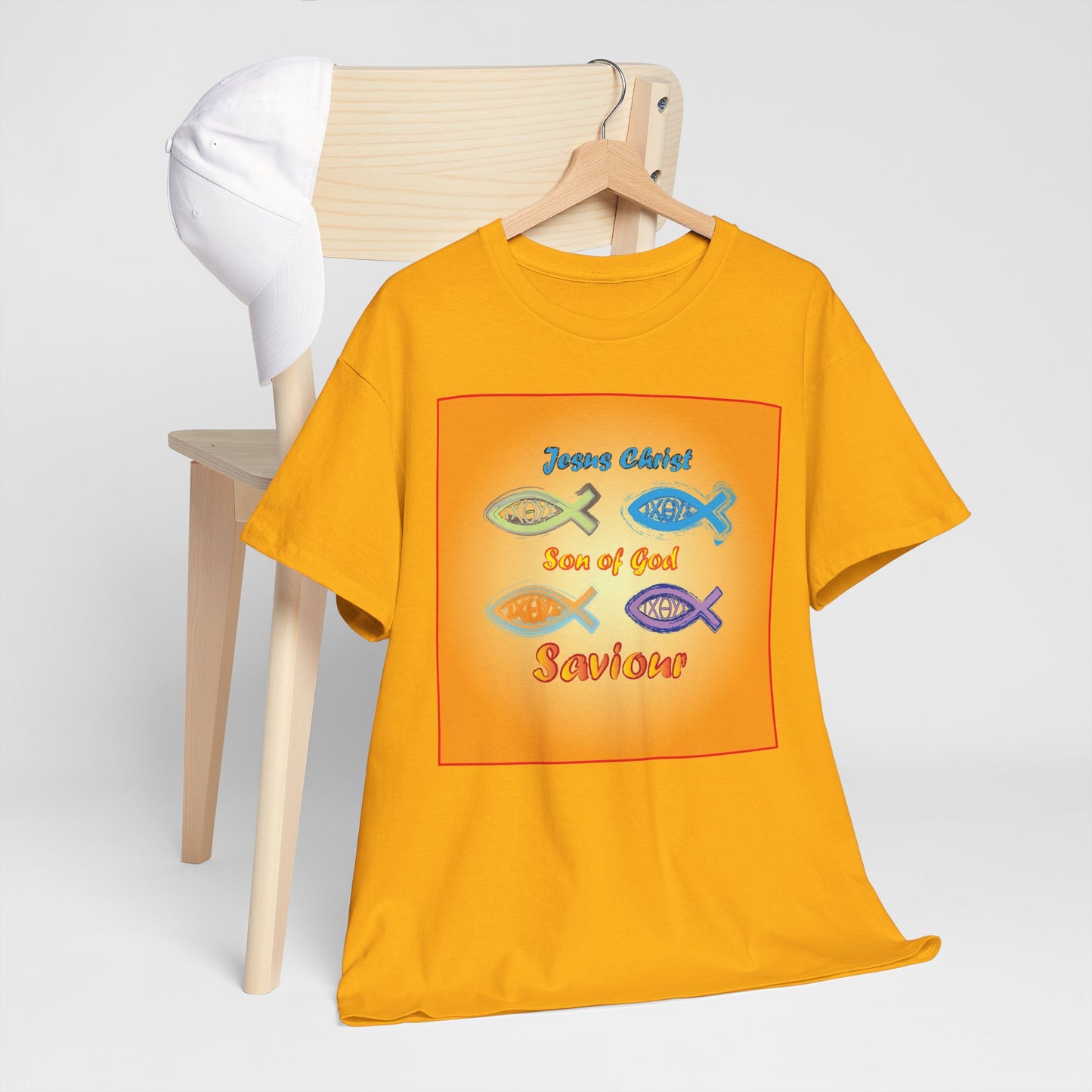 Jesus Christ son of God and fish symbol T-shirt design.