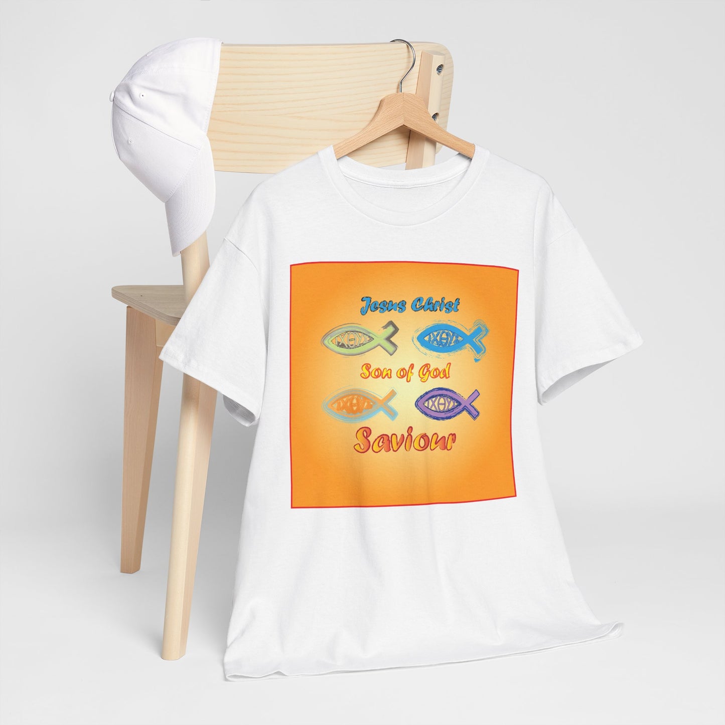 Jesus Christ son of God and fish symbol T-shirt design.