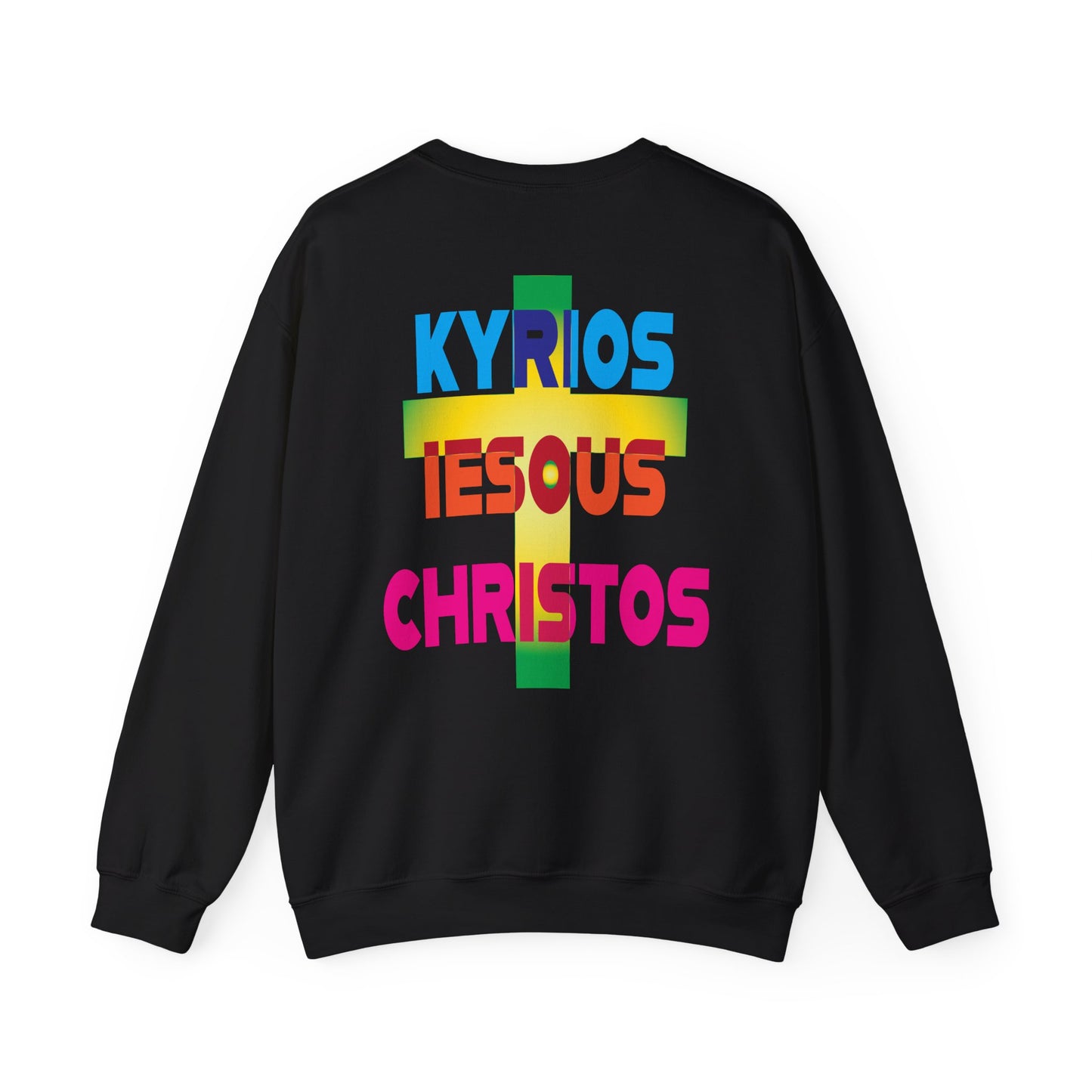 Lord Jesus Christ in ancient Greek with cross sweatshirt design.