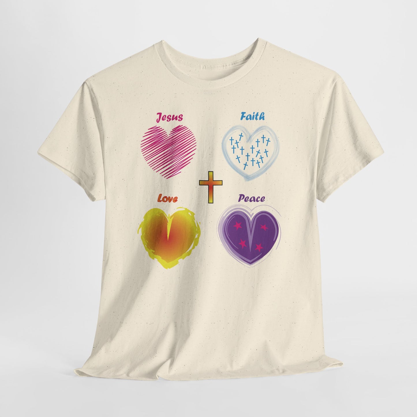 Jesus, Faith, Love, Peace and Hearts T-shirt design.