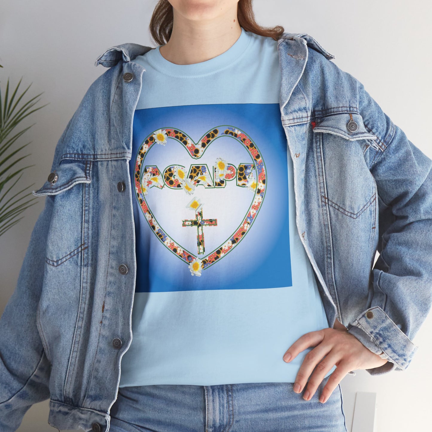 Agape Heart & Cross Floral christian inspired T-shirt design.