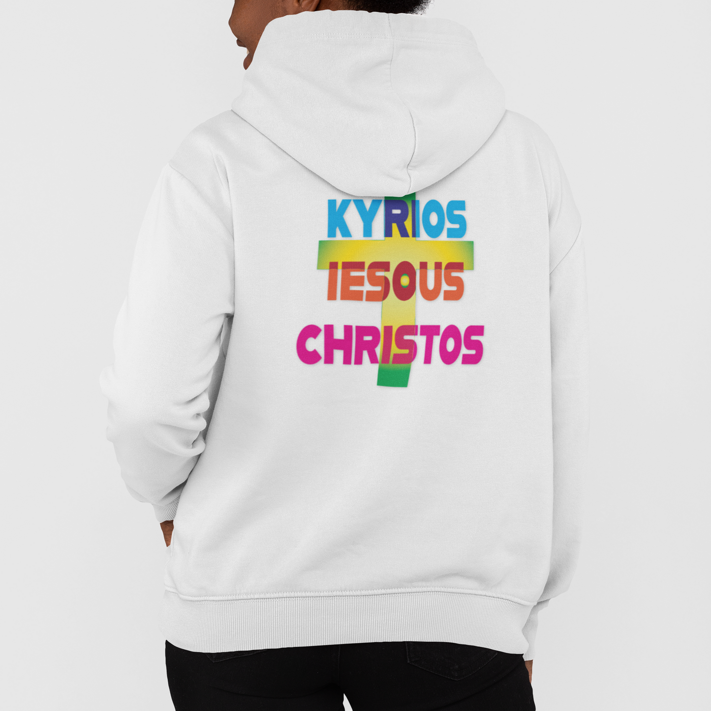 Lord Jesus Christ in ancient Greek with cross hoodie design.