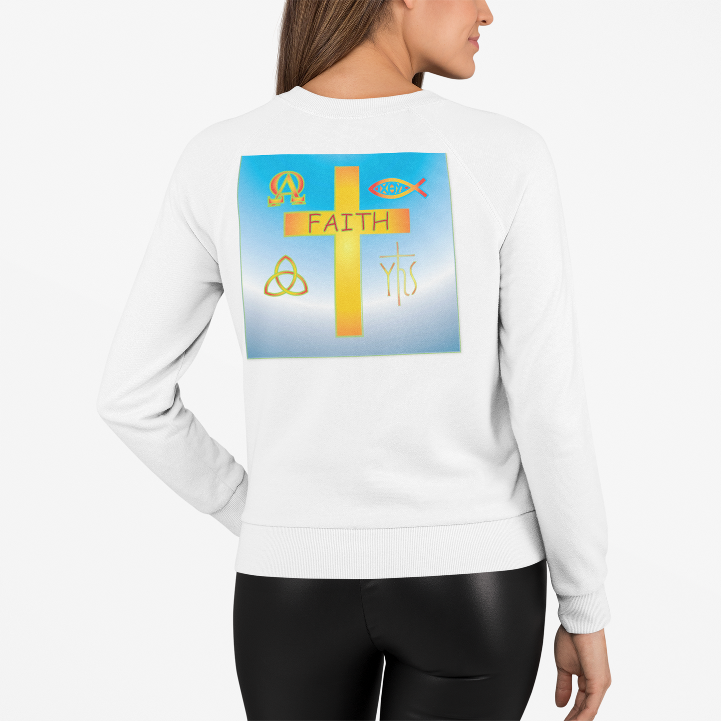Faith and Cross with christian symbols sweatshirt design.