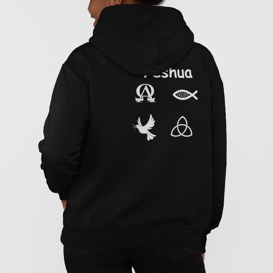 Greek name of Jesus with Christian symbols hoodie design.