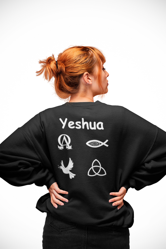 Greek name of Jesus with Christian symbols sweatshirt design.