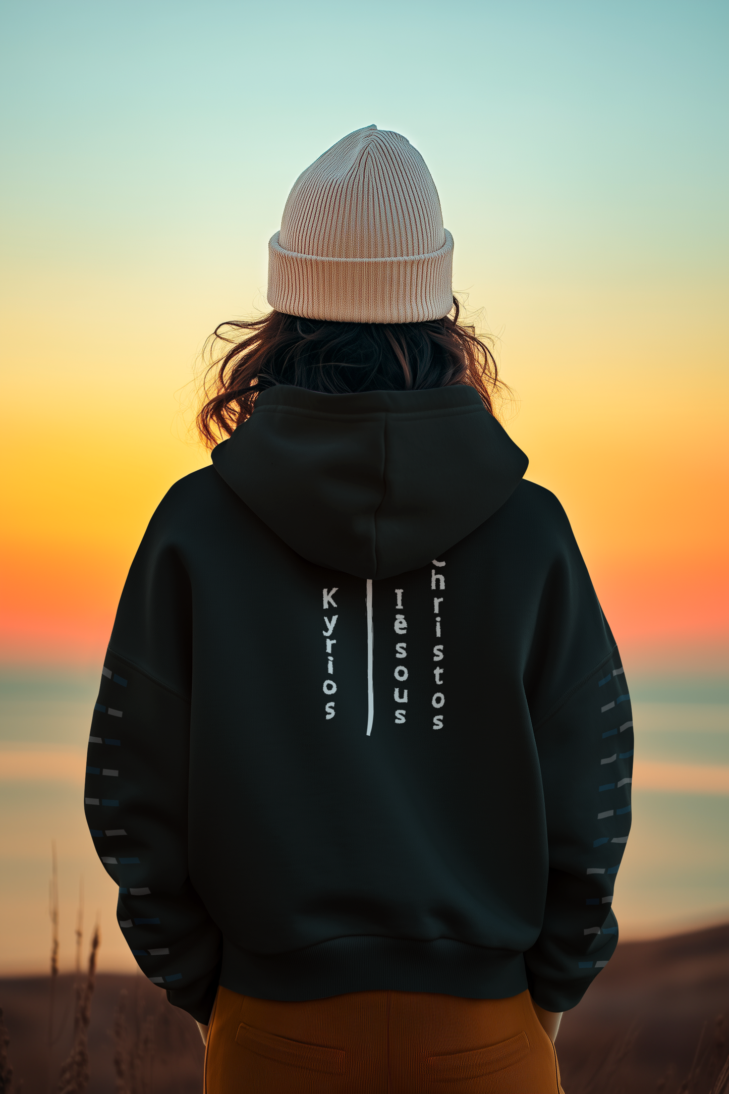 Lord Jesus Christ in ancient greek with a cross hoodie design.