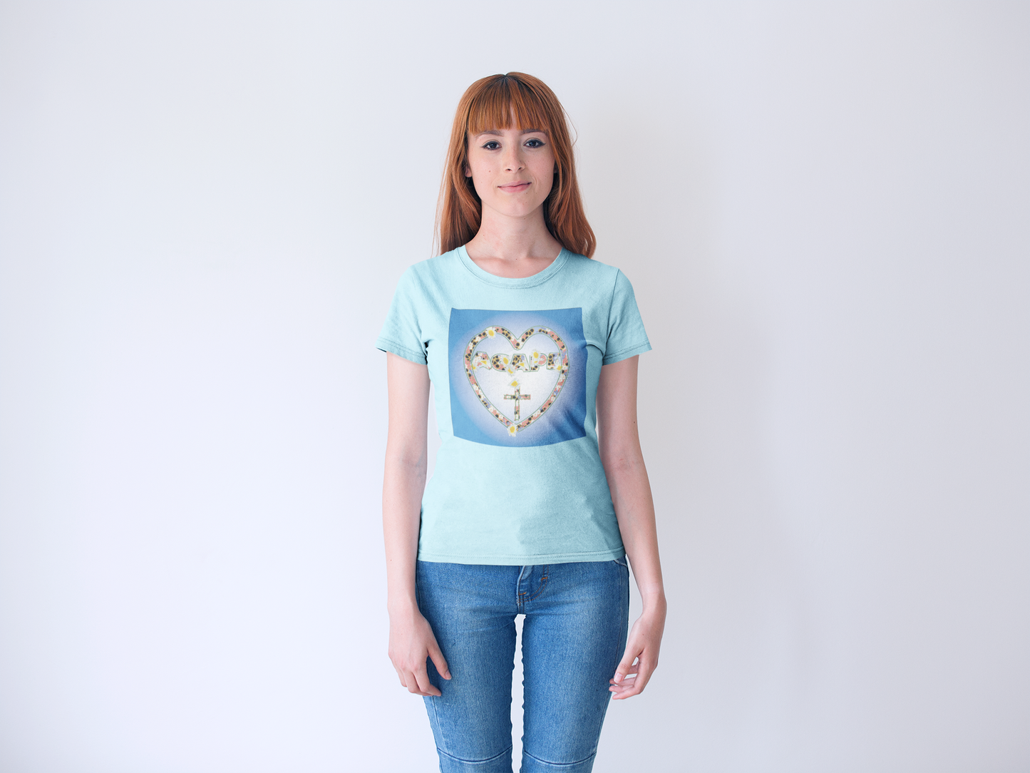 Agape Heart & Cross Floral christian inspired T-shirt design.