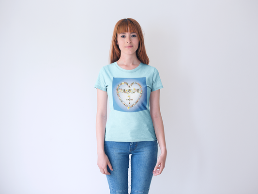 Agape Heart & Cross Floral christian inspired T-shirt design.