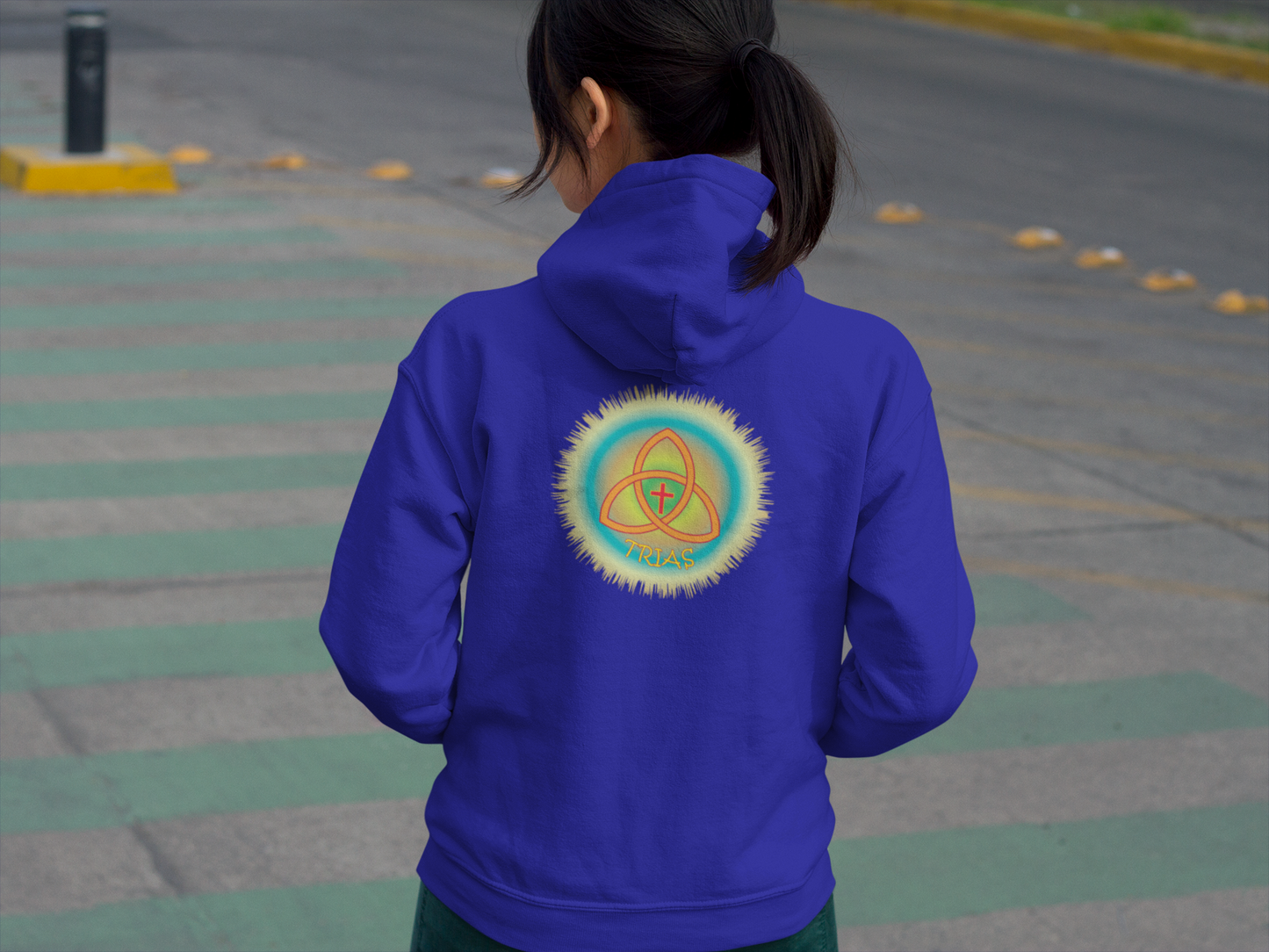 Trinity and cross inspired christian hoodie design.