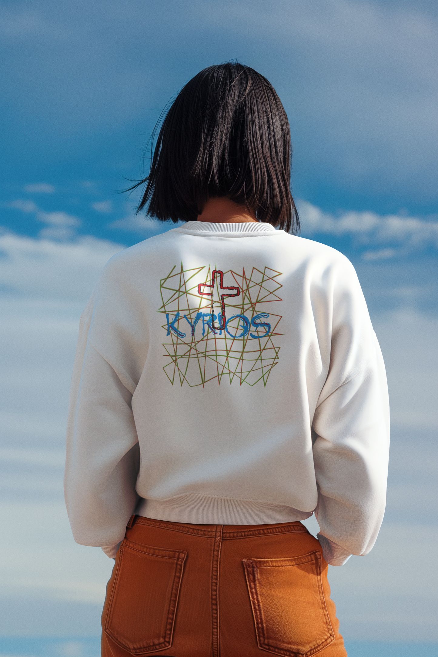 Kyrios with cross christian inspired sweatshirt design.