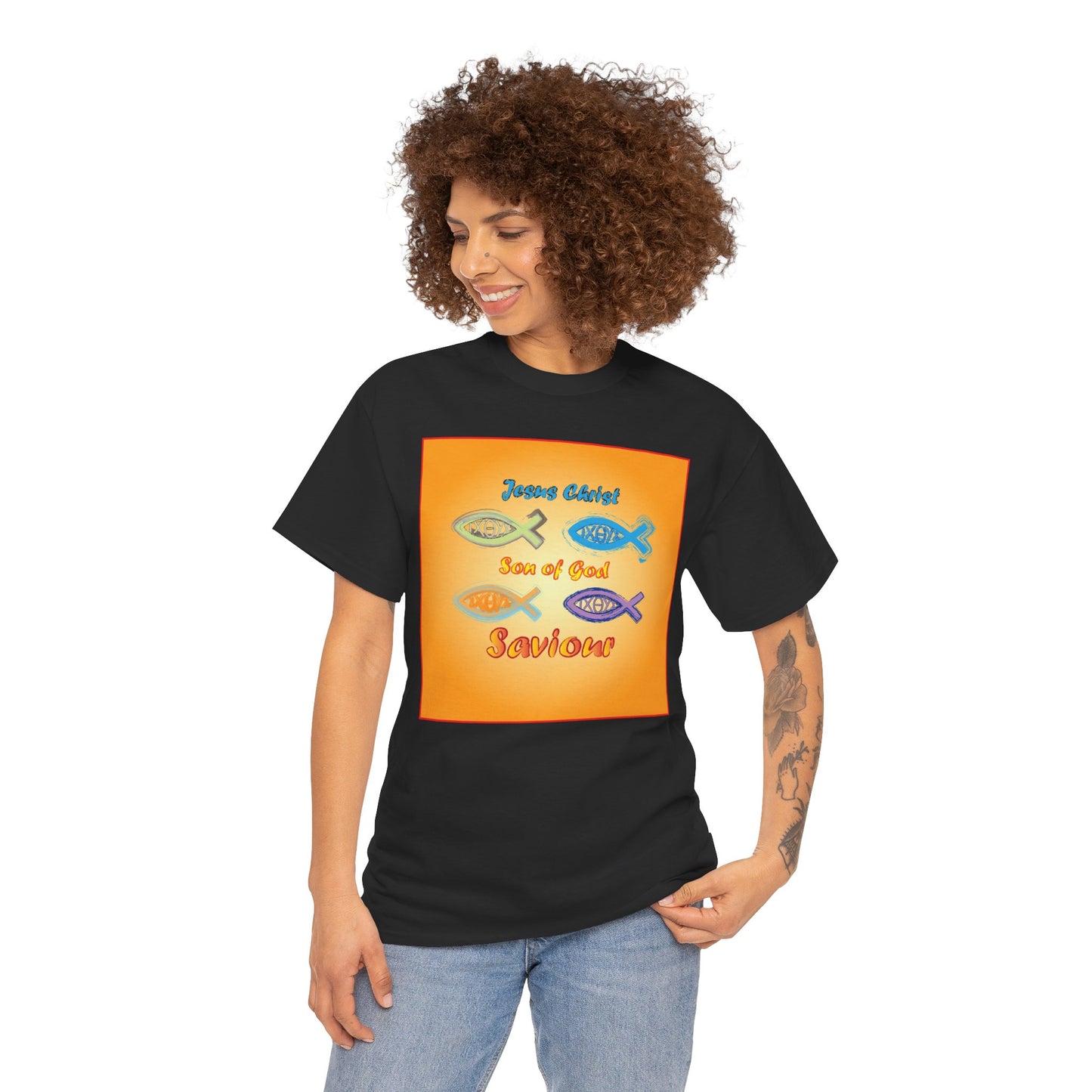 Jesus Christ son of God and fish symbol T-shirt design.
