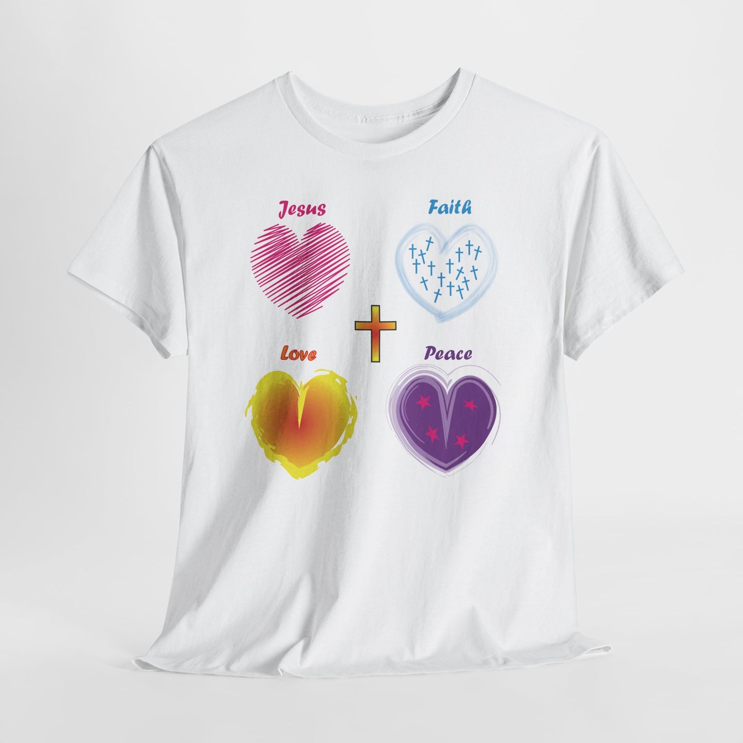 Jesus, Faith, Love, Peace and Hearts T-shirt design.