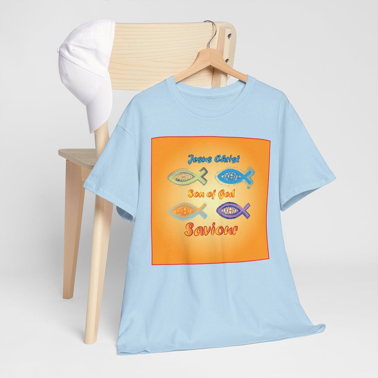 Jesus Christ son of God and fish symbol T-shirt design.
