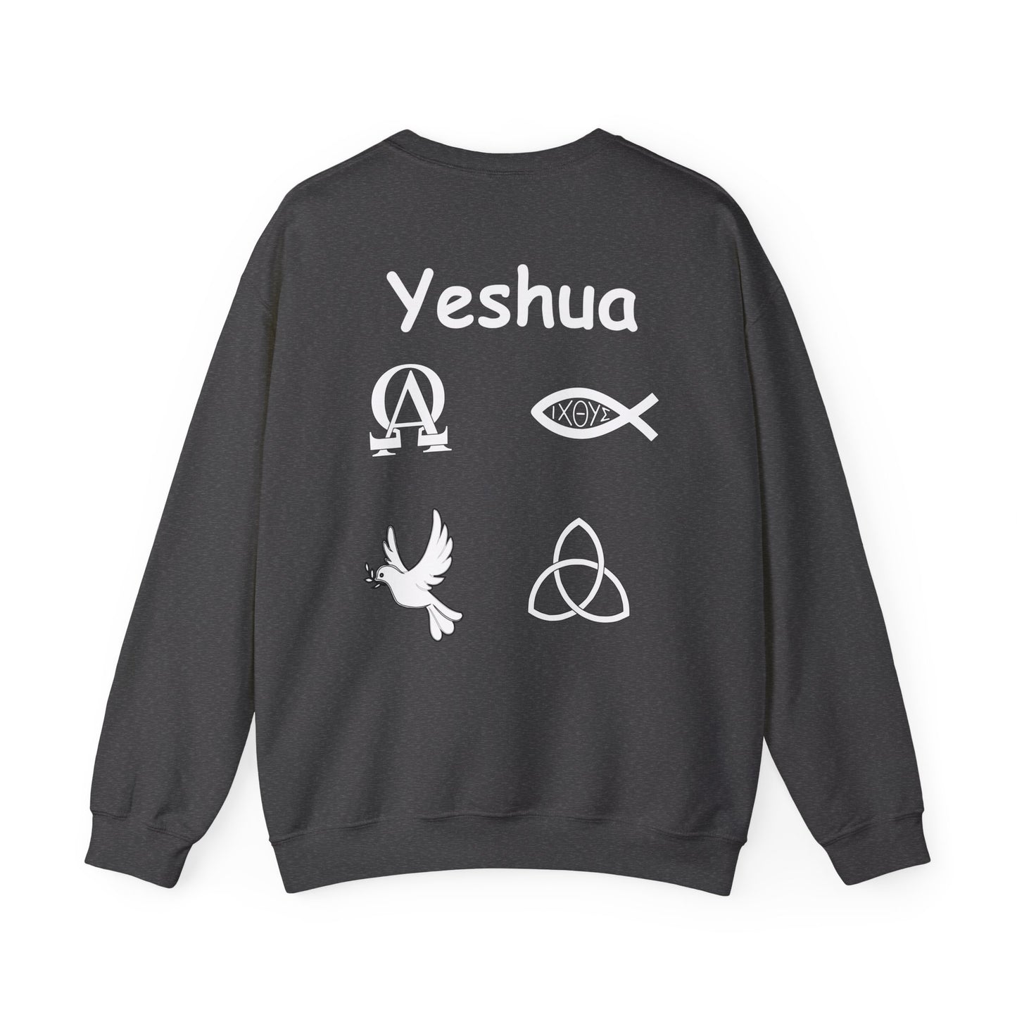 Greek name of Jesus with Christian symbols sweatshirt design.