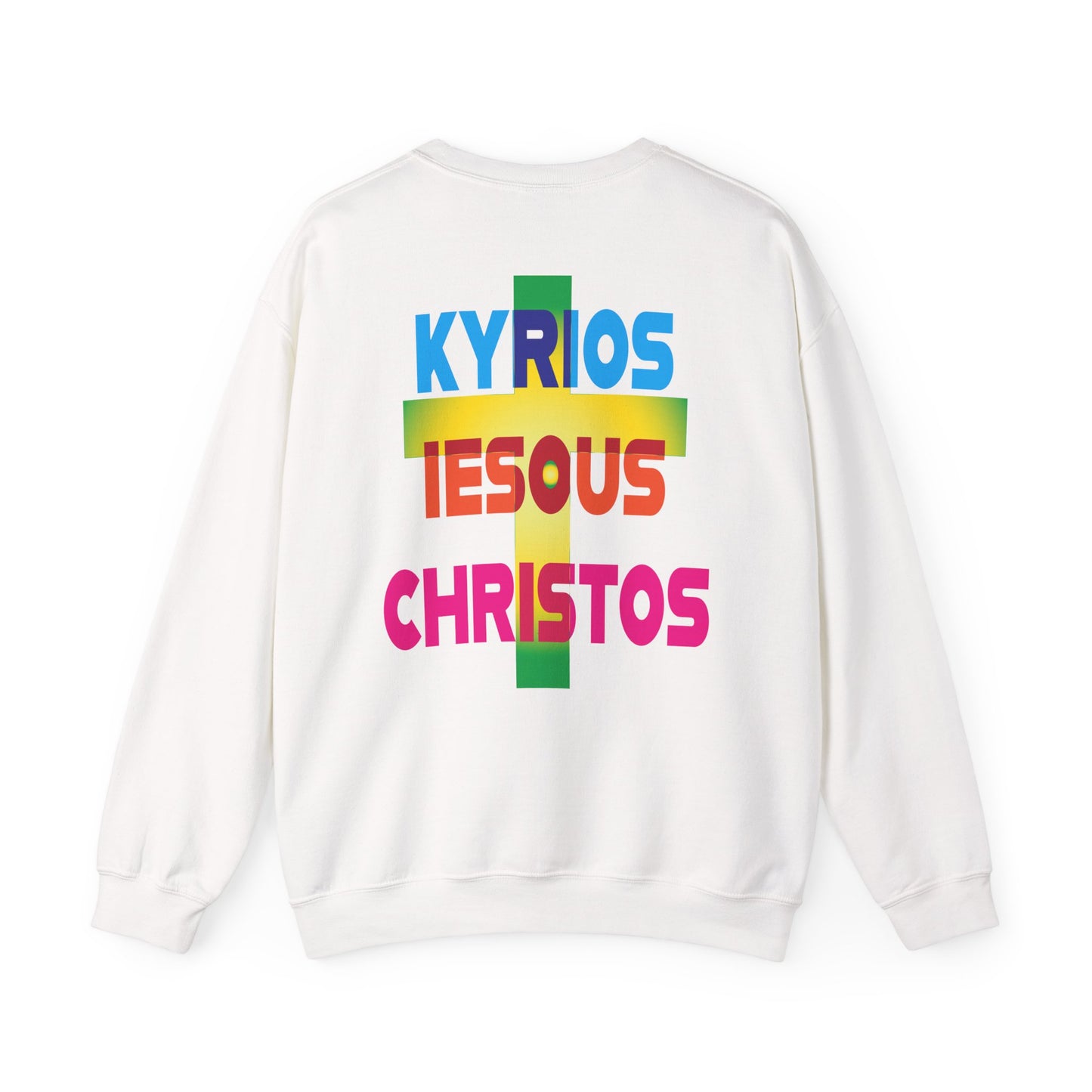 Lord Jesus Christ in ancient Greek with cross sweatshirt design.