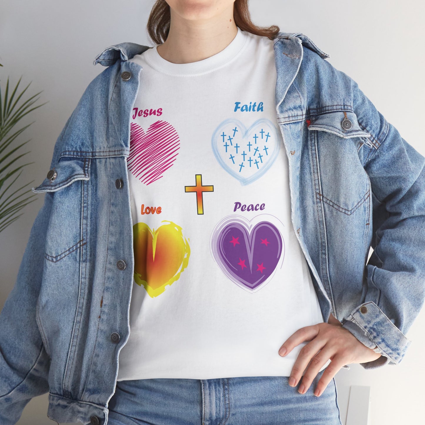 Jesus, Faith, Love, Peace and Hearts T-shirt design.